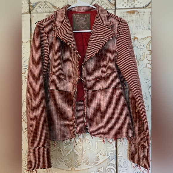 Womens Fossil Vintage Fitted Blazer Red Striped Raw Edges Layering Large - Picture 3 of 8